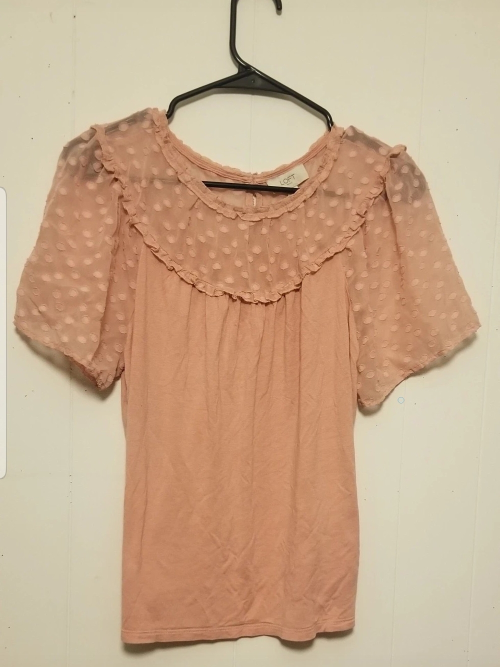 LOFT Cottagecore Coquette Y2K Aesthetic Blush Pink Dotted Swiss Ruffle Yoke Top